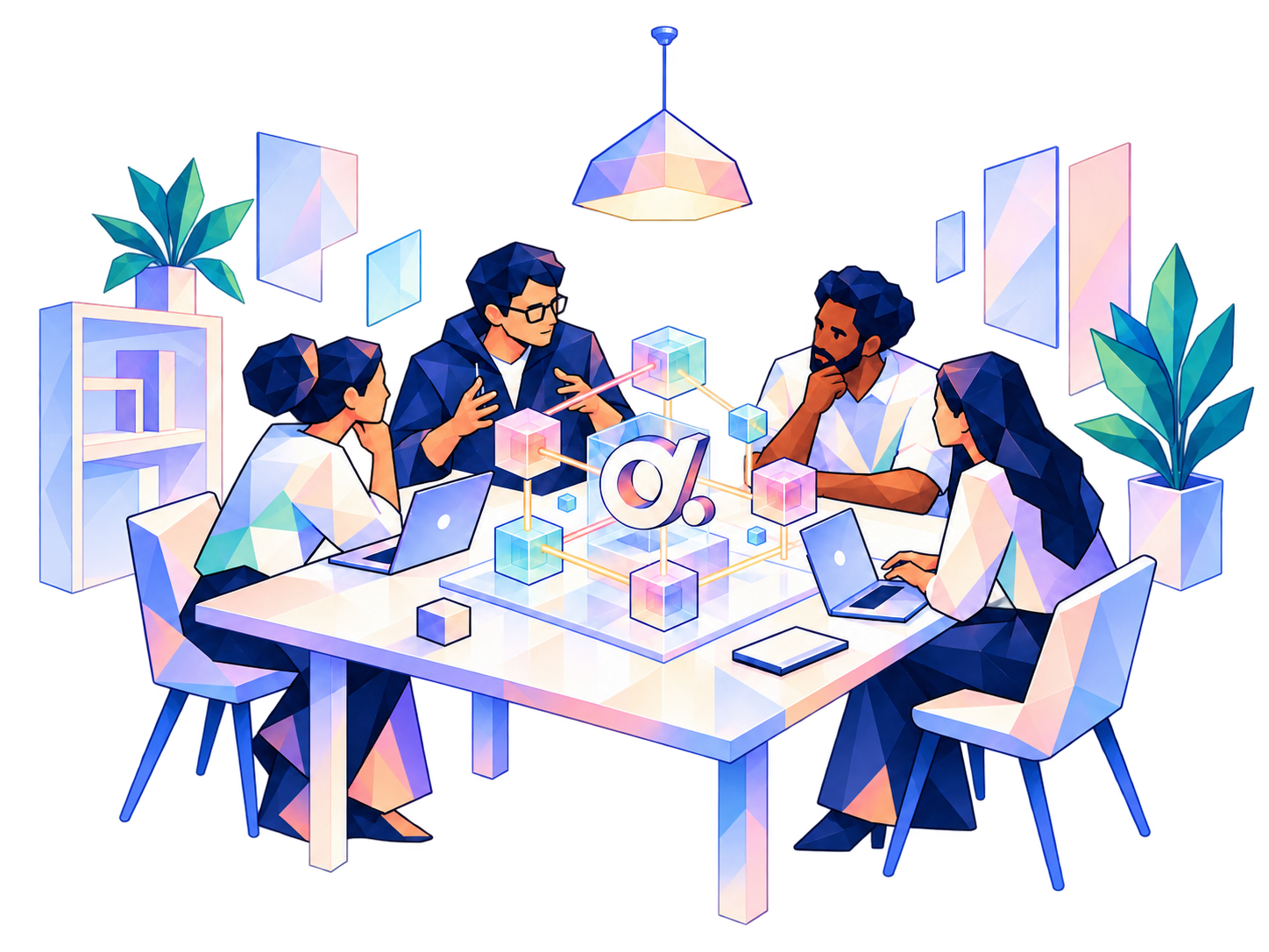 A small group of Web3 builders examining the DotOne Chain network together around a table
